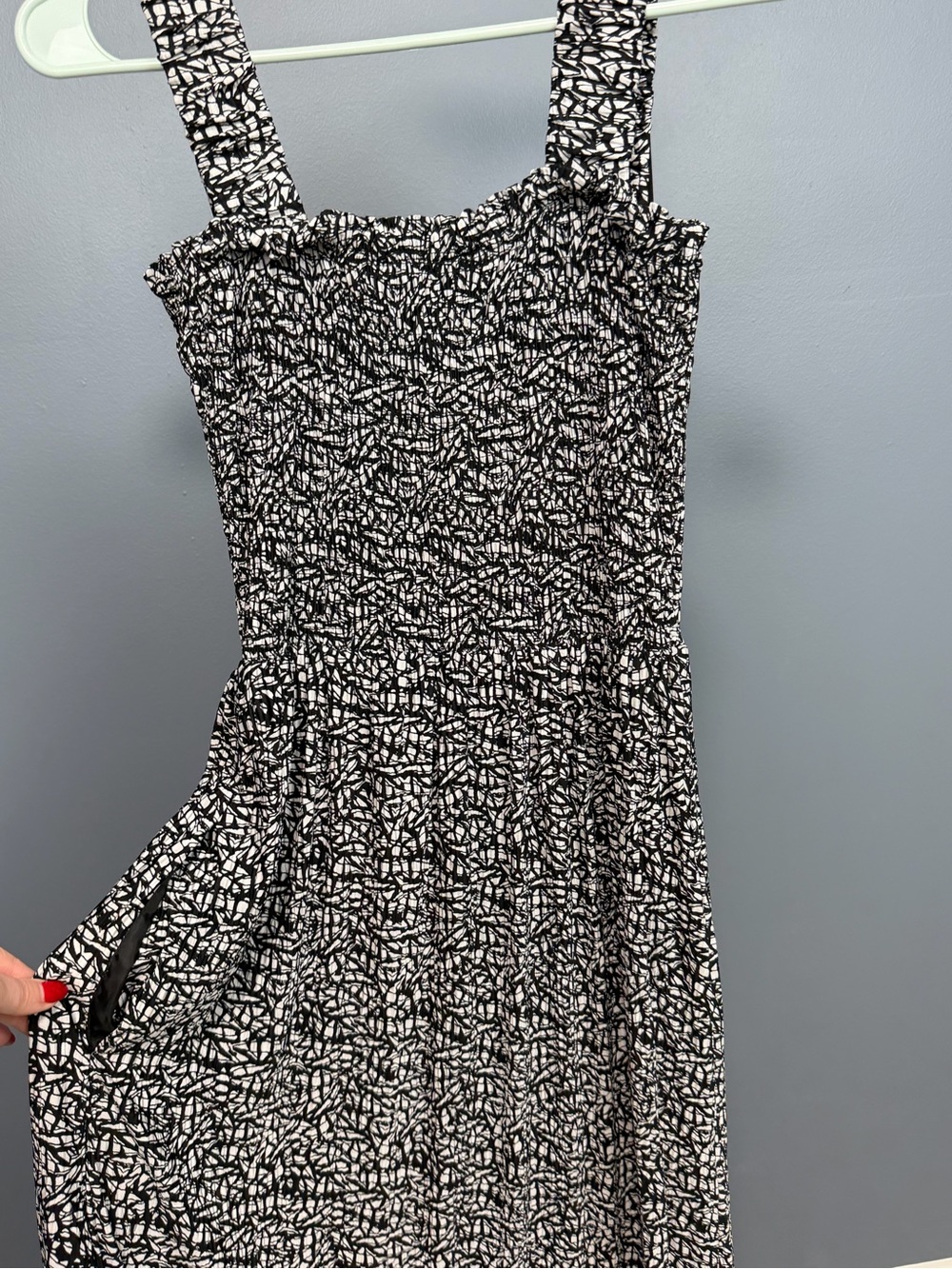DKNY Black and White Printed Smocked Dress